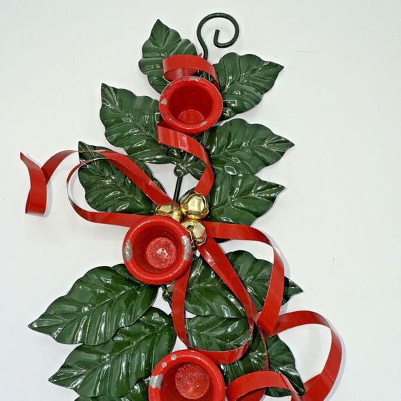 Vintage Christmas Department 56 Metal Holly Ribbon Candle Holder 3 Candles 12” - Picture 5 of 13
